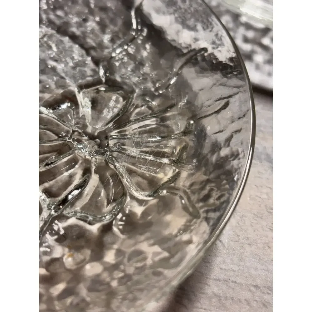 Set of 3 VINTAGE PRESSED GLASS SNACK PLATES ANCHOR HOCKING RAINFLOWER PATTERN!